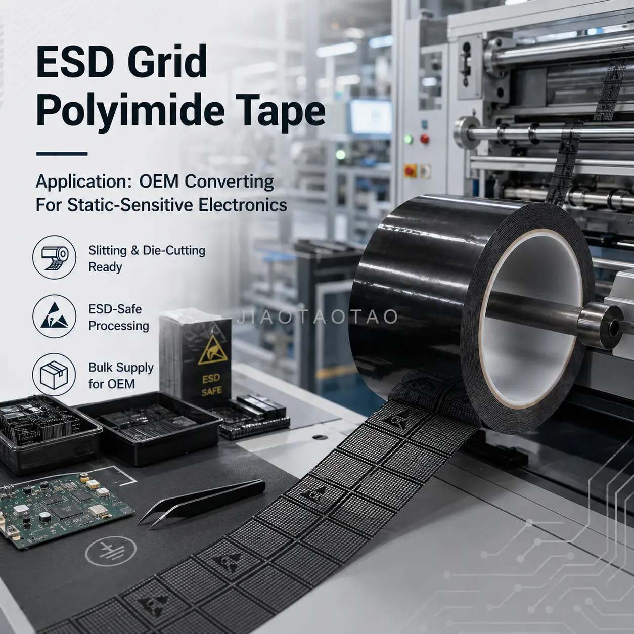 JIAOTAOTAO ESD adhesive tape with OEM slitting, die-cutting, and industrial bulk supply.
